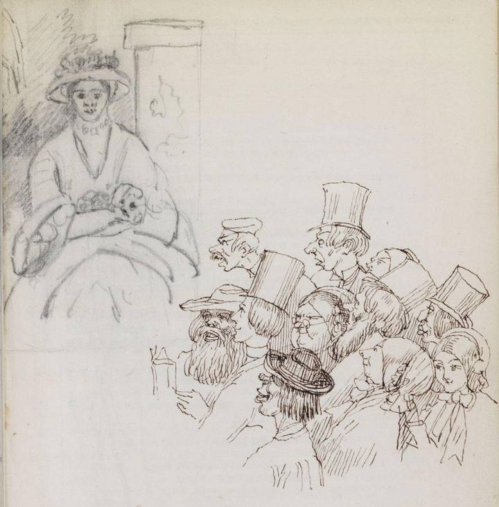 Richard Doyle, Spectators before Reynolds's Nelly O'Brien, drawn in a copy of a catalogue of the Art Treasures exhibition, Manchester, 1857. Victoria and Albert Museum (E.389-1948). © Victoria and Albert Museum.