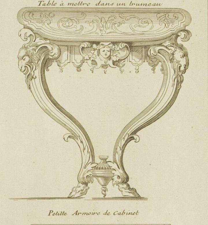 Plate from Nouveaux Desseins de Meubles et Ouvrages de Bronze et de Marqueterie, André-Charles Boulle, published by Jean Mariette, about 1708, copied by R. Schnor and reprinted by H. Destailleur, 1863. Victoria and Albert Museum (E.41-1915). © Victoria and Albert Museum, London.
