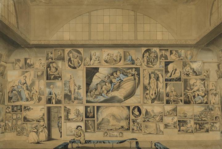 Edward Francis Burney, The Royal Academy Exhibition of 1784: The Great Room, West Wall, 1784. British Museum (1904,0101.1). © The Trustees of the British Museum.