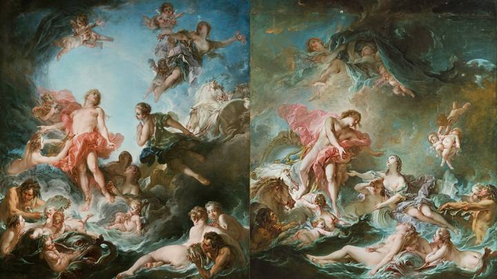 Two paintings depicting the rising and the setting of the sun