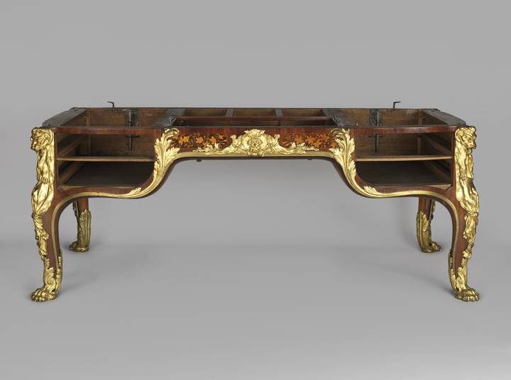 The lower section of the desk, with drawers removed, showing part of the locking mechanism. Jean-Henri Riesener, Roll-top desk, about 1770 (F102).