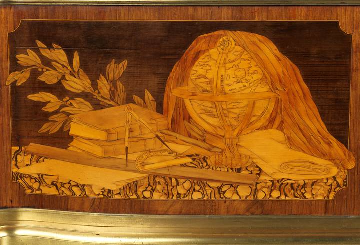 Detail of pictorial marquetry, showing the attributes of geometry. Roll-top desk (F102).