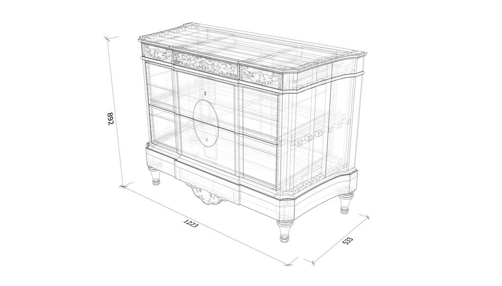 An isometric drawing of a marquetry chest of drawers