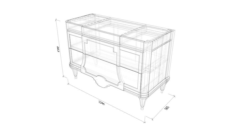 An isometric drawing of a mahogany-veneered chest of drawers