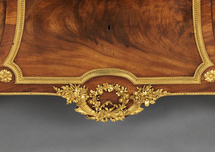 Detail of gilt-bronze apron mount, showing two horns of plenty. Jean-Henri Riesener, Chest-of-drawers, 1782 (F248).