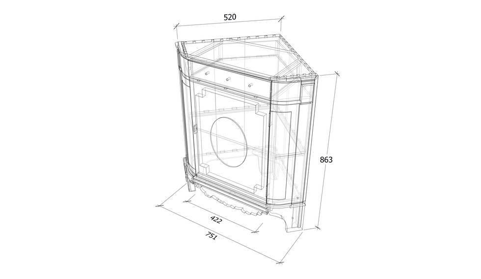 An isometric drawing of a burr-yew veneered corner cupboard