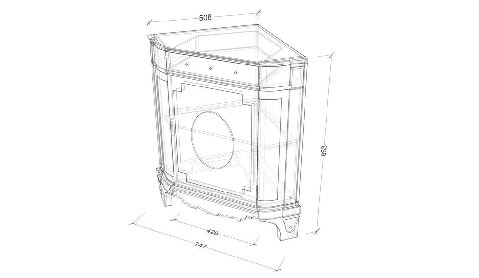 An isometric drawing of a corner cupboard