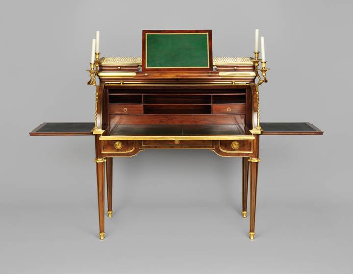 The desk, with writing slides and reading stand extended. Cylinder desk (F277).
