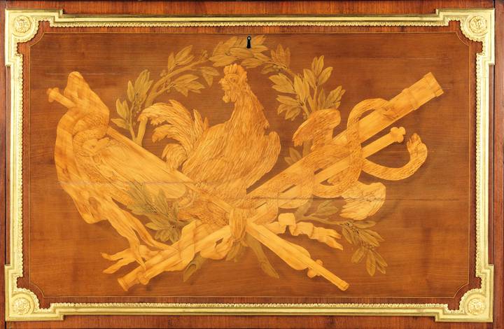 Detail of pictorial marquetry, showing a caduceus, a laurel wreath and a cockerel. Fall-front desk (F300).