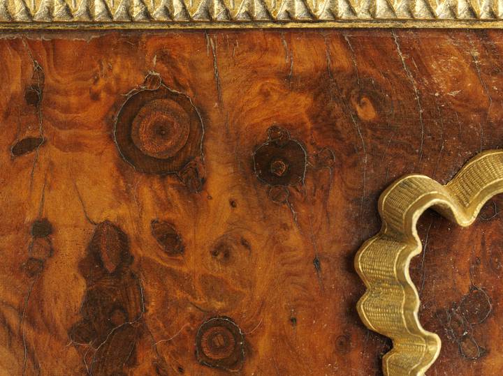 Detail of wooden plugs inserted into the burr yew veneer. Fall-front desk (F303).