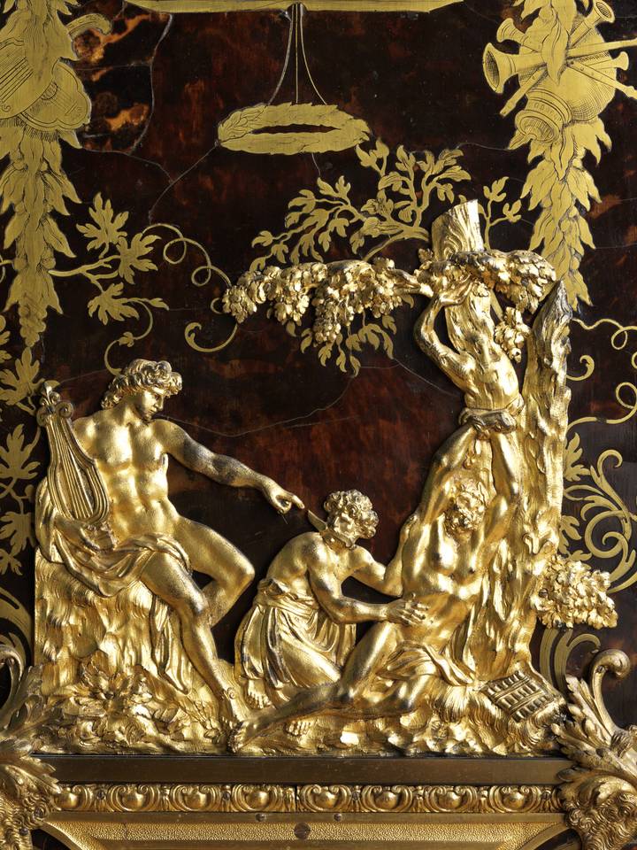 Gilt-bronze mount showing the flaying of Marsyas. Wardrobe (F61).
