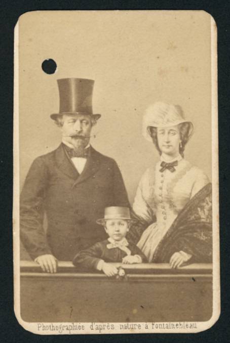 A visiting card showing Emperor Napoleon III, Empress Eugénie and the Prince Imperial
