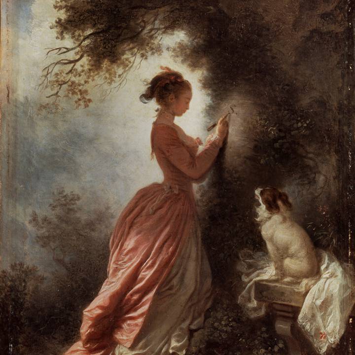 A painting of a woman carving letters into a tree