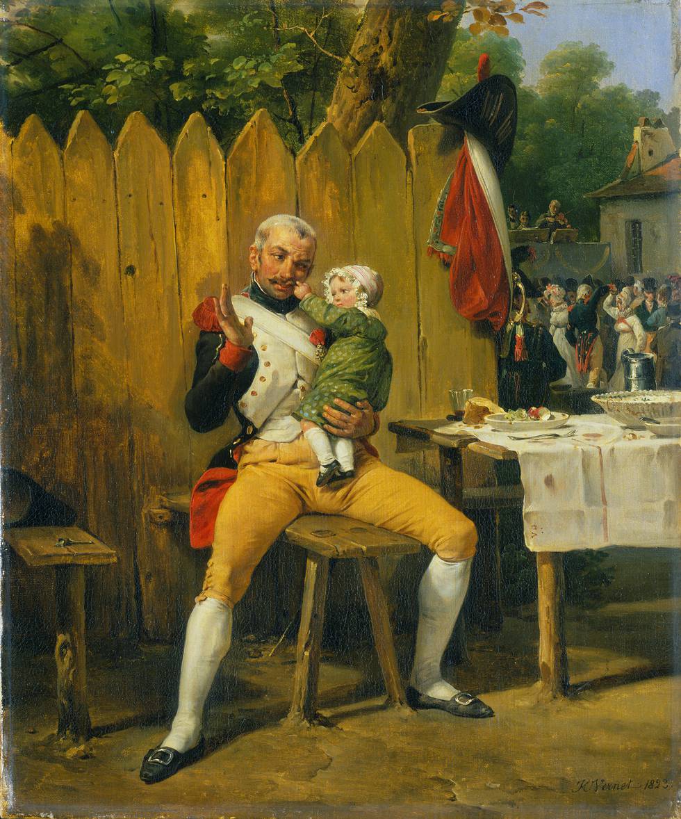 A painting of a soldier holding a young child