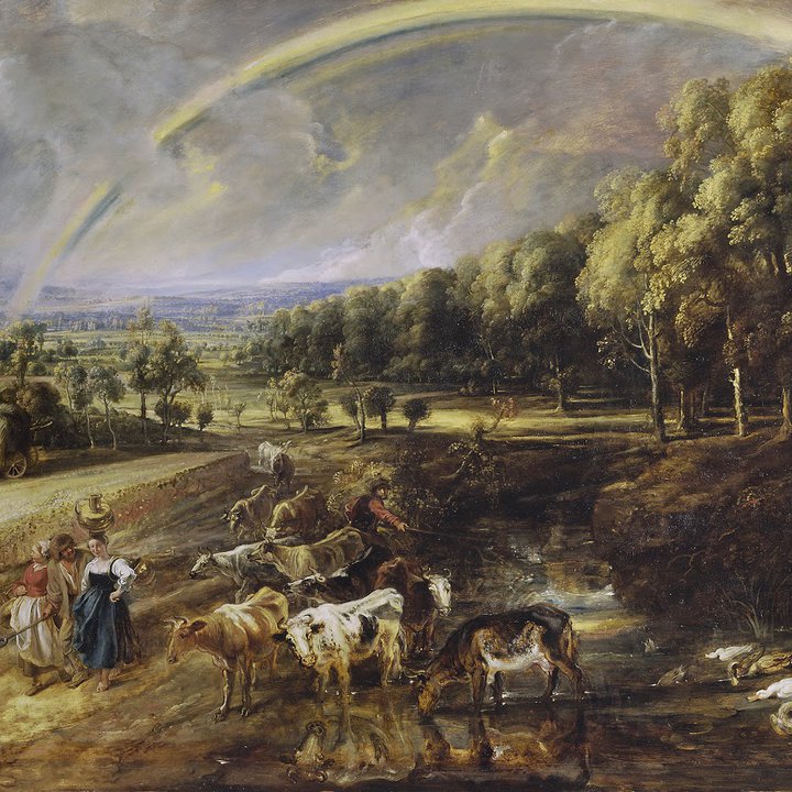 Countryside landscape of haymakers, milkmaids and cattle under a rainbow