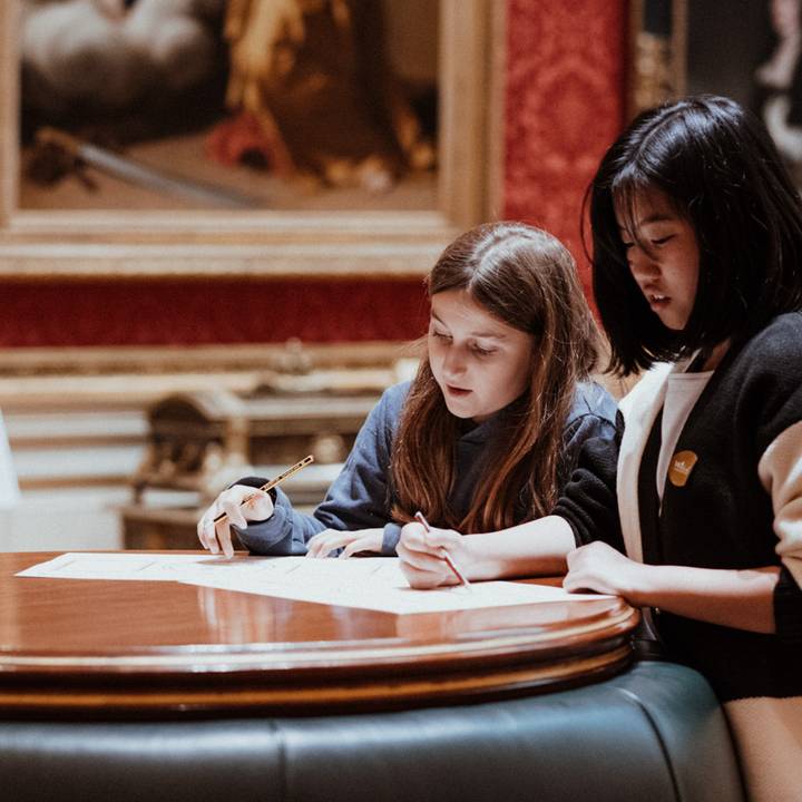 woman and child in gallery