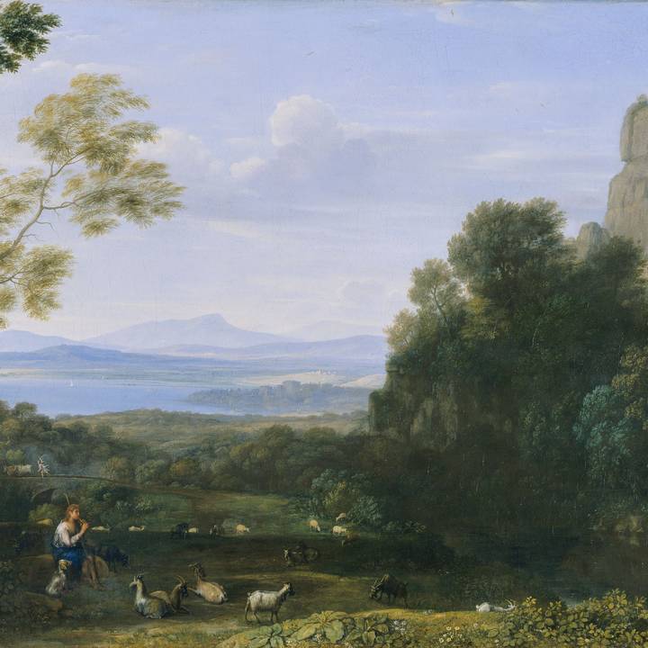 Park landscape with figures sitting and talking and a gardening