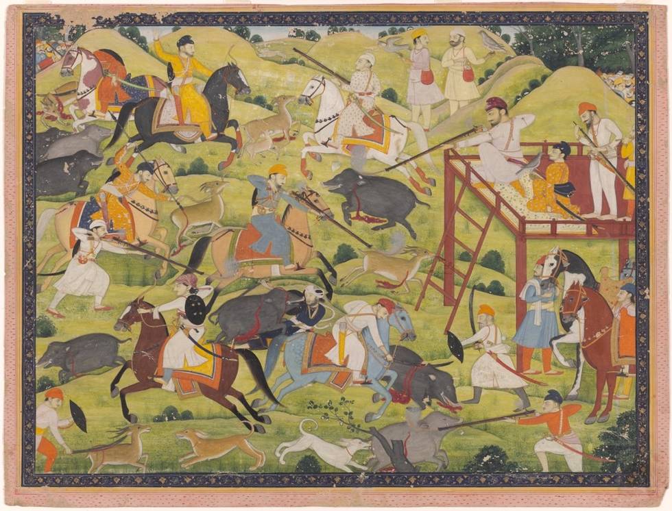 A sikh ruler shoots wild boar from platform
